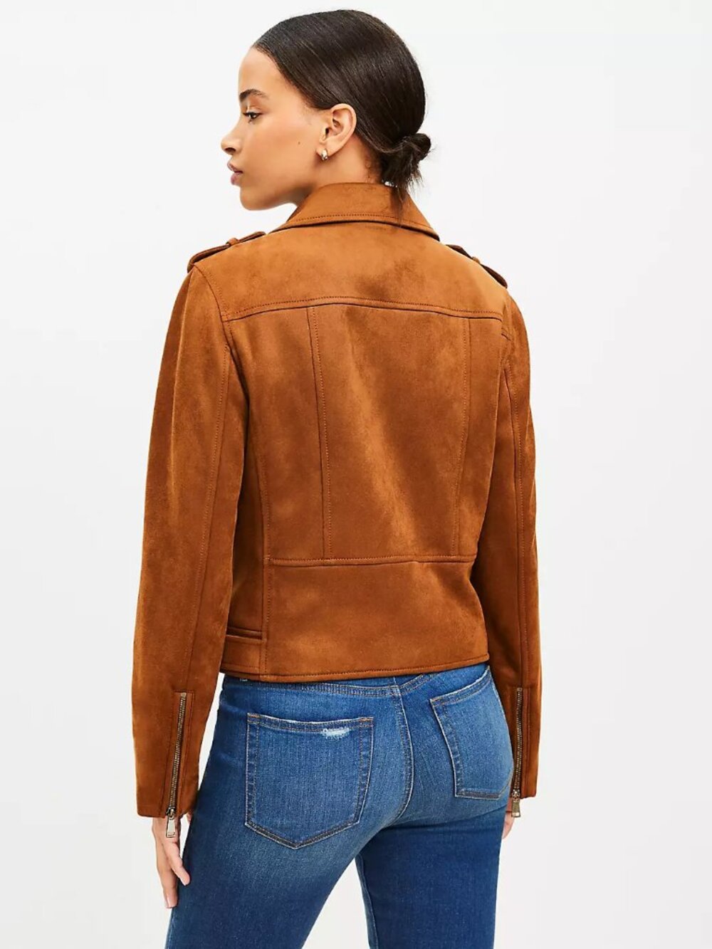 NWT LOFT Women's Faux Suede Moto Jacket Size M Brown/Tan - Picture 3 of 7
